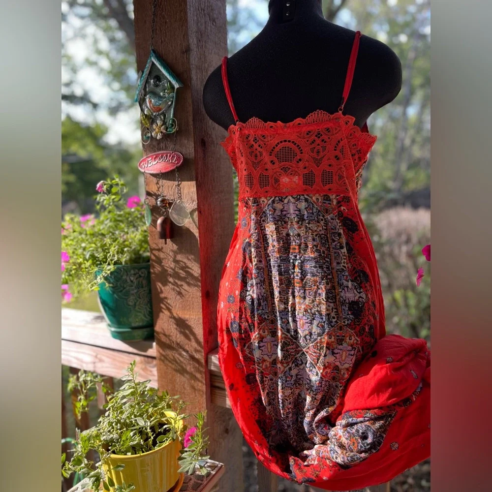 Free People Intimately Orange Multi-Color Artsy Spaghetti Strap Maxi Dress NWT - Picture 9 of 11